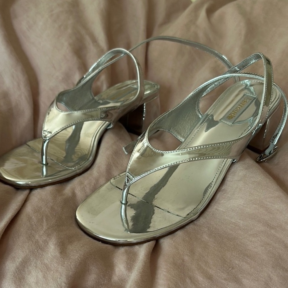 Larroude Summer ‘25 Silver Thong Heel Sandal, worn once only, see photos, as is